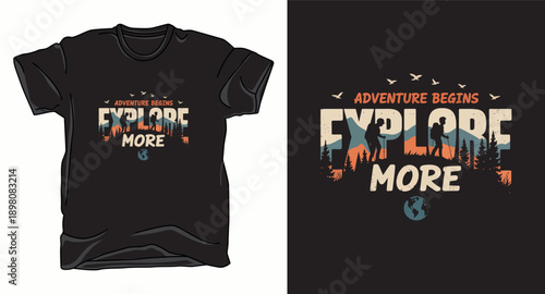 Adventure begins explore more t-shirt design with hiker silhouettes mountains and pine trees landscape in vintage style
