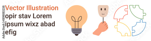 Creativity, problem-solving, personal identity, innovation, psychology, teamwork. Light bulb, a hand holding a mask and puzzle pieces. Creativity and problem-solving concept