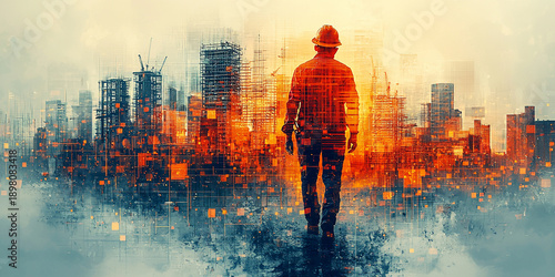 Worker looks at digital building site in construction area Generative AI