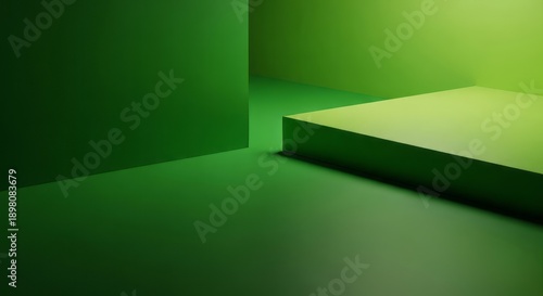Minimalist green studio with geometric shapes and soft lighting