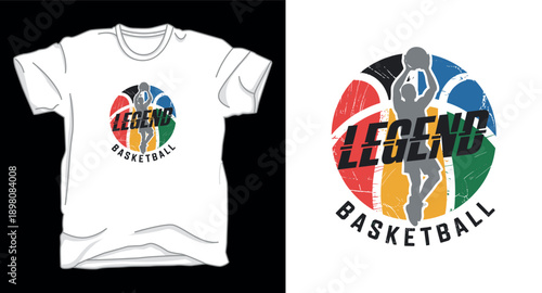 Legend basketball typography design with athletic silhouette and colorful abstract ball graphic