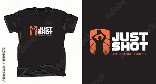 Just shot basketball games t-shirt design with player silhouette and orange shield graphic