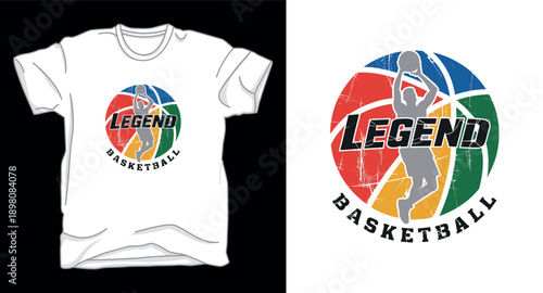 Professional legend basketball clothing design with grunge typography and jumping player silhouette