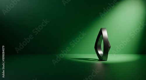 Abstract metallic form illuminated by a dramatic spotlight on a deep green background.