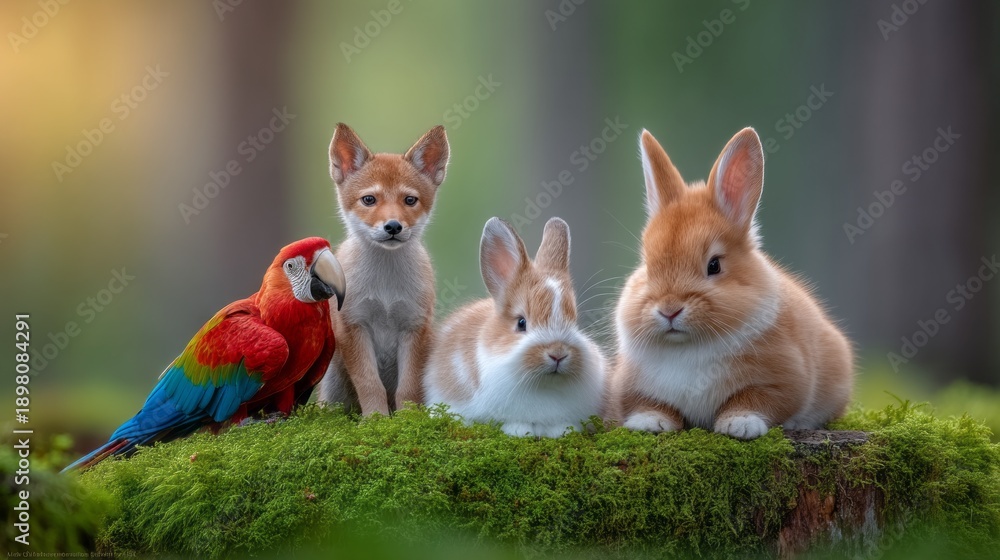 Naklejka premium In a vibrant forest illuminated by warm morning light, a curious fox stands proudly beside two fluffy rabbits and a bright parrot, creating a scene of harmony and adventure in nature