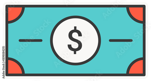 A graphic illustration of a dollar bill with a white circle and red corners