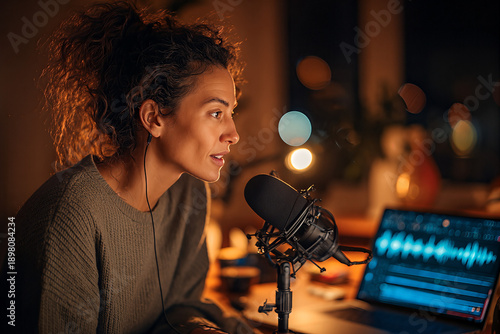 Young podcaster in profile at an over the shoulder closeup — curly hair in messy bun, gray knit sweater, condenser mic and laptop waveform amid warm bokeh