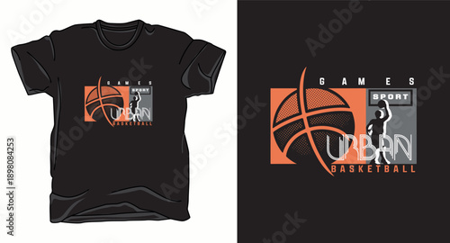 Urban basketball t-shirt design with a player silhouette and ball positioned in a geometric rectangular frame