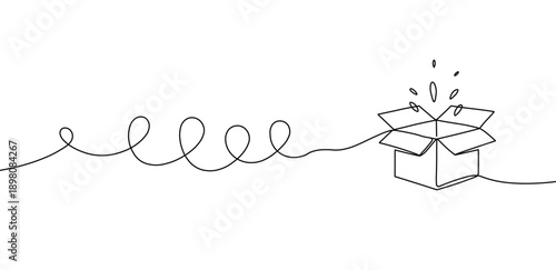 Continuous black line drawing open cardboard box bursting elements mystery surprise concept illustration
