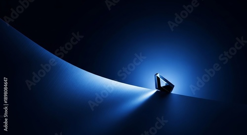 A single faceted gemstone illuminates a dark, abstract surface with a brilliant blue glow, symbolizing clarity and discovery.