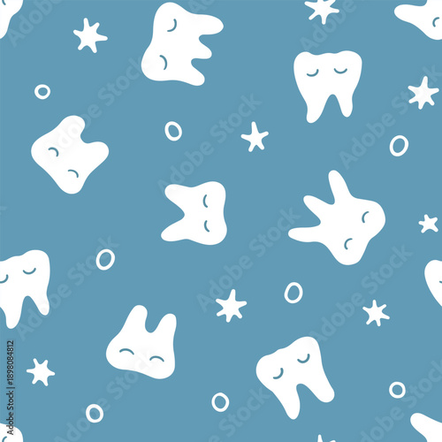 Wallpaper Mural Calm Sleeping Tooth Pattern with Closed Eyes on Soft Dusty Blue Background Torontodigital.ca