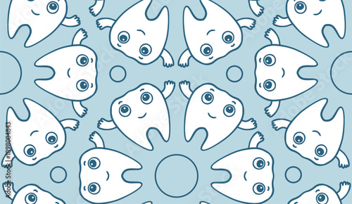 Playful Smiling Tooth Characters Dancing in Circles on Soft Blue Background