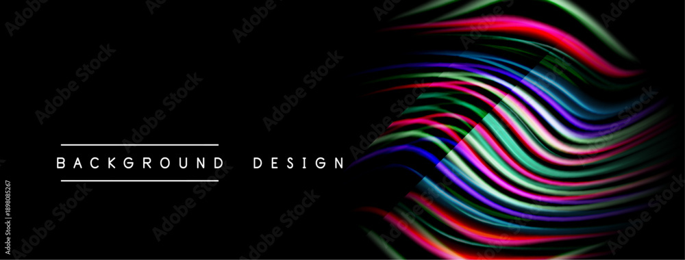 Fototapeta premium Abstract vibrant lines form wave pattern. Dark background contrasts colorful design elements. Modern aesthetic, simple text labels present.