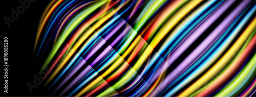 Colorful stripes form wavy pattern. Bright hues blend, creating dynamic visual effect. Smooth gradients suggest movement, energy.