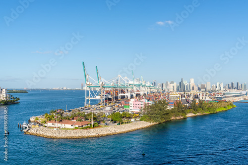 View of the container terminal from a cruise ship at Miami Port, Florida, United States of America