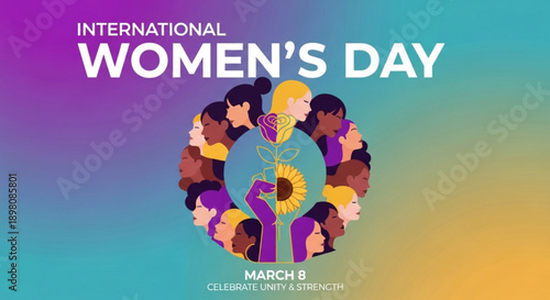 Diverse women united for international women's day celebration on march 8 with purple and yellow hues