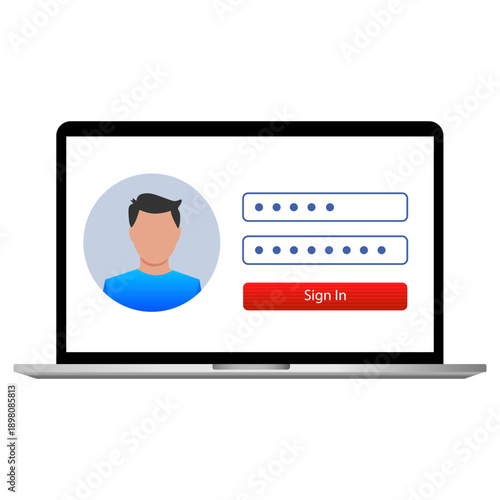 Laptop Login Screen with User Avatar and Password Fields, Secure Account Access Concept, Flat Vector Illustration