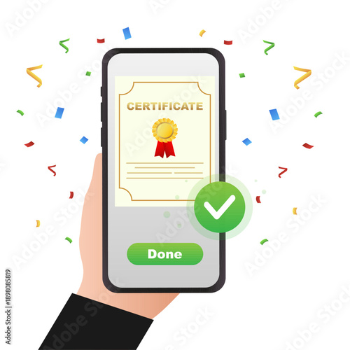 Digital Certificate Approved on Mobile Phone with Check Mark. Vector illustration
