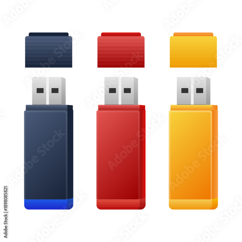 Colorful USB flash drive set with folders, data storage and file organization concept, flat vector