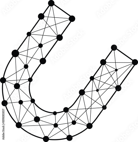 Abstract network magnet icon symbolizing digital attraction data connections artificial intelligence technology geometric nodes lines minimal modern futuristic science visualization