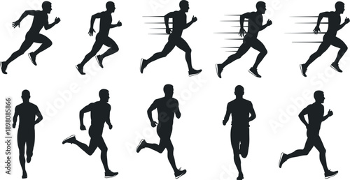 Running Man Silhouette Icon Set Showing Sprinting, Jogging, Fitness Training, Athletic Motion, Speed, Endurance, and Active Lifestyle Concepts
