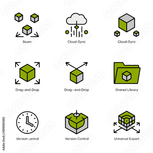 Professional vector icons for 3D mesh sharing and spatial file transfer. These assets optimize collaborative CAD workflows, 3D world-building, and cloud-based XR content management systems.