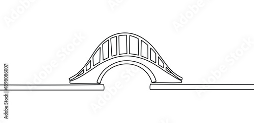Black line art drawing of a small bridge spanning a gap in a straight line landscape illustration