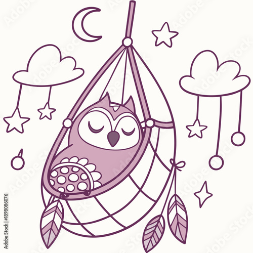 Shy Owl with in a hammock, set in a charming Fantasy dream theme – Dreamland color vector art