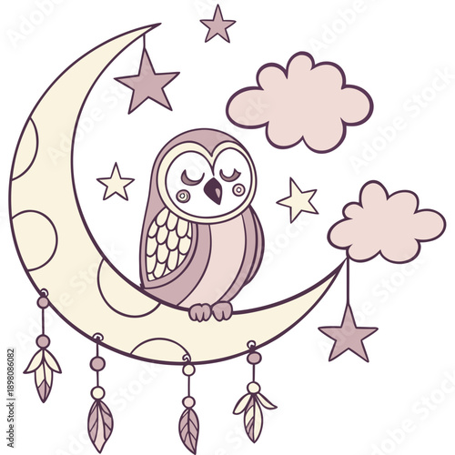 Cute Gentle Owl, accessorized with sitting on a moon, in a Fantasy dream world – Dreamland palette vector