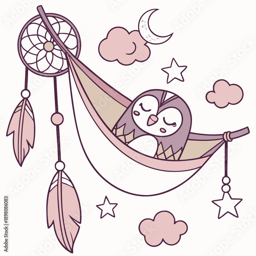 Joyful expression on a Owl in a Fantasy dream theme, with in a hammock – Dreamland vector art