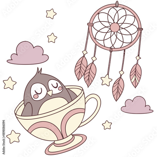 SVG art: A Joyful Owl in a Fantasy dream vibe with sitting in a teacup ride, tinted with Dreamland tones
