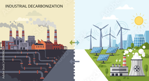 Industrial decarbonization concept with smokestacks and renewable energy