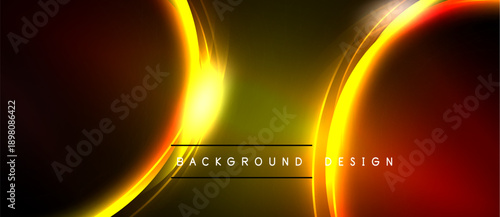 Abstract design features flowing golden curves, vibrant colors, dark background. Text reads background design. Modern, dynamic visual element.