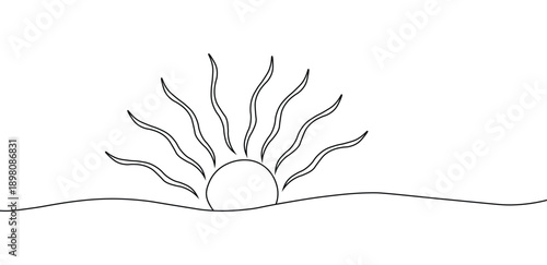 Simple line art illustration of a sunrise over a wavy landscape on a white background