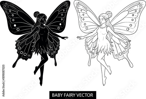 Baby Fairy Vector Set Featuring Elegant Magical Character with Detailed Butterfly Wings Silhouette and Line Art Outline for Fantasy Illustrations Kids Coloring Pages and Nursery Decor