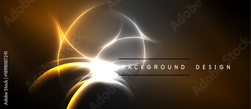 Abstract glowing lines, curves, shapes over dark background. Bright light radiates from center, creating dynamic visual effect.