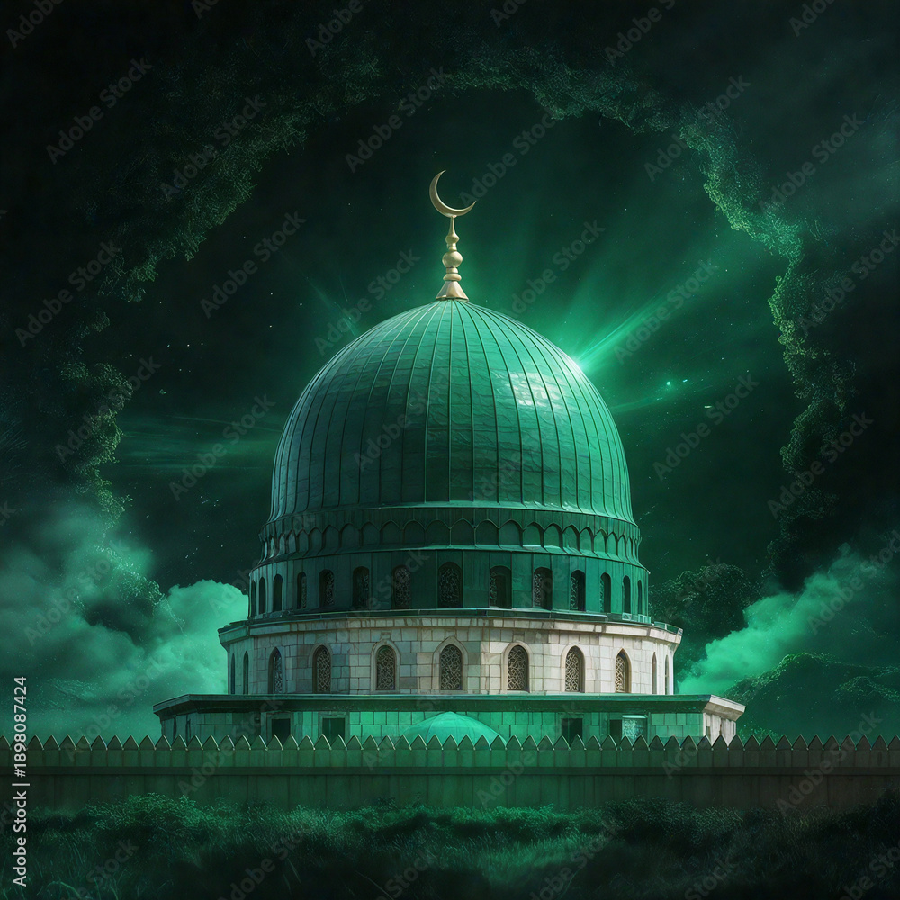 Obraz premium Mystical Green Dome Islamic Sanctuary Under Ethereal Skies