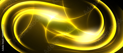 Golden abstract swirls, luminous curves, flowing lines. Bright center radiates energy, dark background enhances glow. Elegant design.
