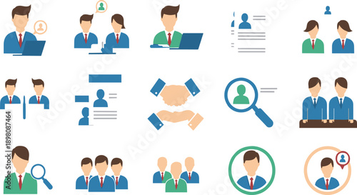 Business Recruitment and Team Collaboration Icon Set Illustrating Hiring Process, Employee Profiles, Partnership, Human Resources Management, and Corporate Workforce Organization Concepts