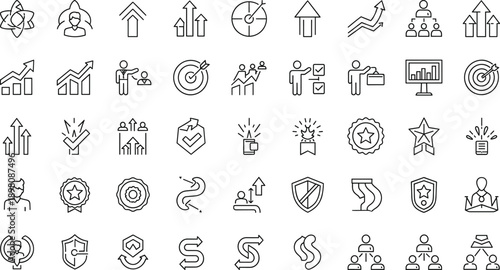 Business Strategy and Growth Line Icon Set Featuring Analytics, Targets, Leadership, Performance Metrics, Planning, Success, and Corporate Development Concepts