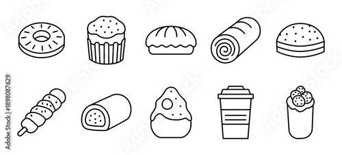 Collection of various sweet and savory pastries and desserts with simple line drawings