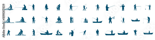 Fisherman silhouettes engaged in angling casting nets and boating activities Collection