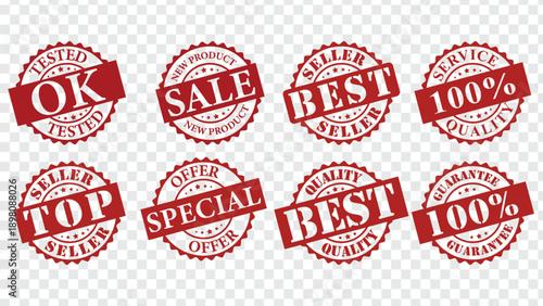 Collection of Red Sale and Quality Assurance Stamps: OK, Best Seller, Top Seller, Special Offer, 100% Quality, 100% Guarantee.