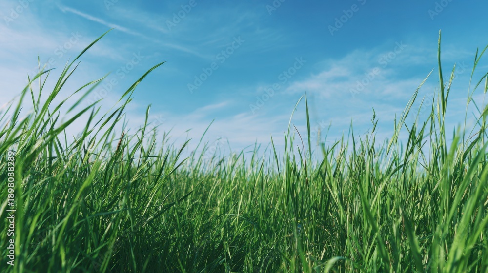 Obraz premium Vibrant green grass under clear blue sky in sunny field.