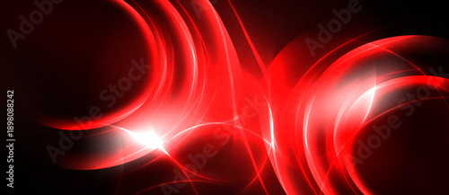 Abstract red energy flows, bright light source. Dynamic curves create intense visual impact, dark background enhances glow.