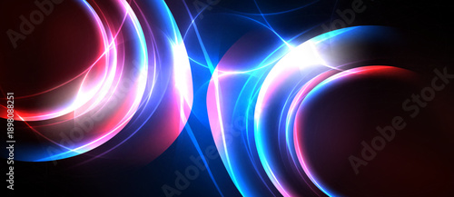 Abstract glowing curves, vibrant colors, dynamic composition. Light streaks create energy, contrasting dark background enhances visual impact.