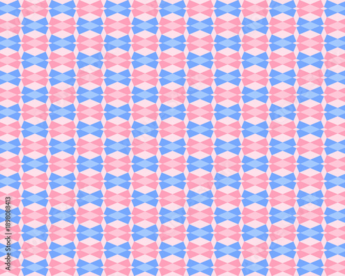 ピンクとブルーの菱形幾何学模様シームレス背景テクスチャ。ポップでモダンな幾何学パターンが重なり合う抽象的なデザイン。おしゃれなSNS投稿、Webサイトのバックグラウンド、かわいいラッピングペーパーやアパレルデザインに最適なシームレスパターン素材。