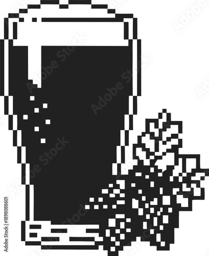 Pixel art black beer glass with hop cones for craft brewing and alcohol beverage design