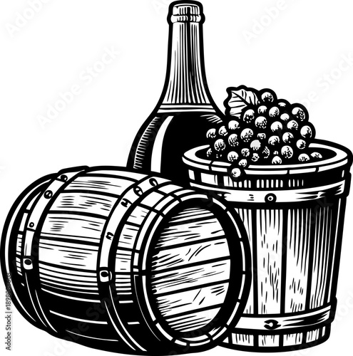 Vintage barrel, grape basket, and wine bottle illustration vineyard harvest, winery equipment, cellar storage for winemaking process