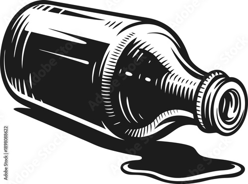 spilled dark liquid from glass bottle vintage beverage container tipped over with liquid puddle